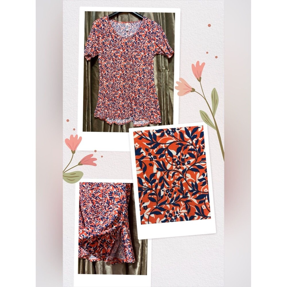 LuLaRoe Coral and Navy Floral Scoop Neck Tee #1904